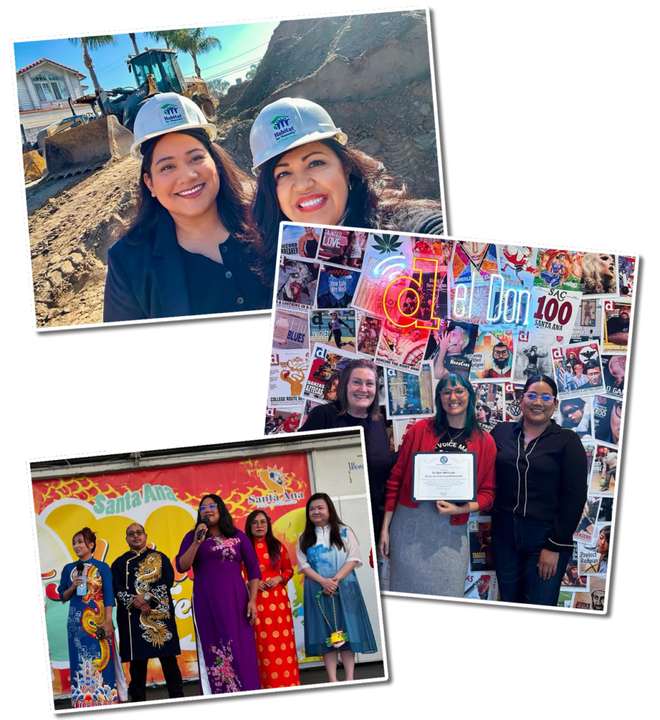 A collage of photos of Jessie Lopez, including one in which she's wearing a Habitat for Humanity hard hat, one posing with two personnel from Santa Ana College under a neon sign, and one in which she's in a traditional vietnamese ao dai addressing a crowd.