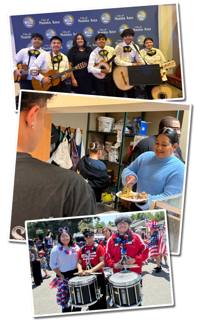 A collage of photos of Jessie volunteering, including her standing with young mariachi performers, her serving food to a young man, and her standing with two drummers during a 4th of July parade.
