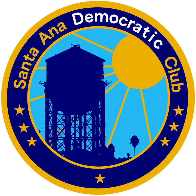 Santa Ana Democratic Club logo showing a water tower and sun against a blue sky.