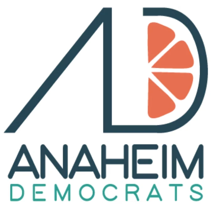 Anaheim Democrats Logo, showing "AD" with an orange slice motif in the counter of the D.
