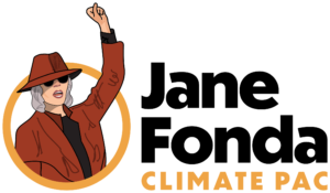 Jane Fonda Climate PAC logo showing text and a cartoon of Jane Fonda with her fist raised.