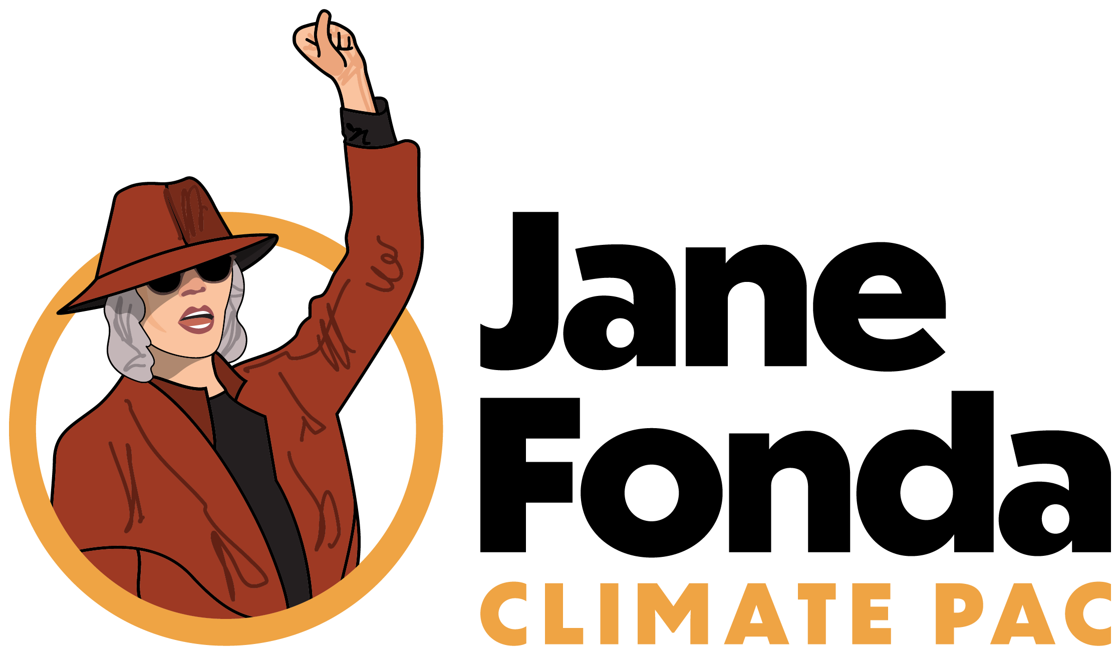 Jane Fonda Climate PAC logo showing text and a cartoon of Jane Fonda with her fist raised.