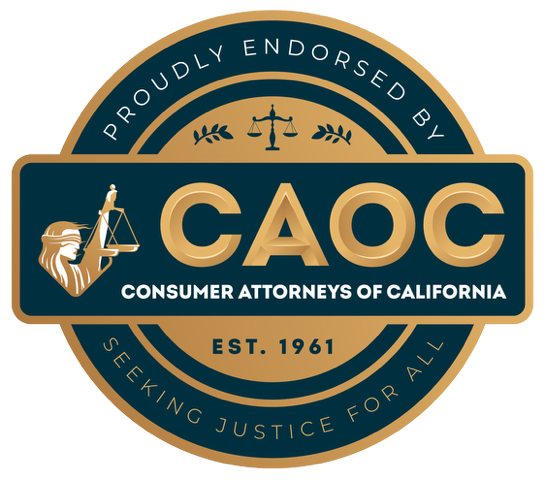 Consumer Attorneys of Calfornia logo emblem with blind justice balancing scales.