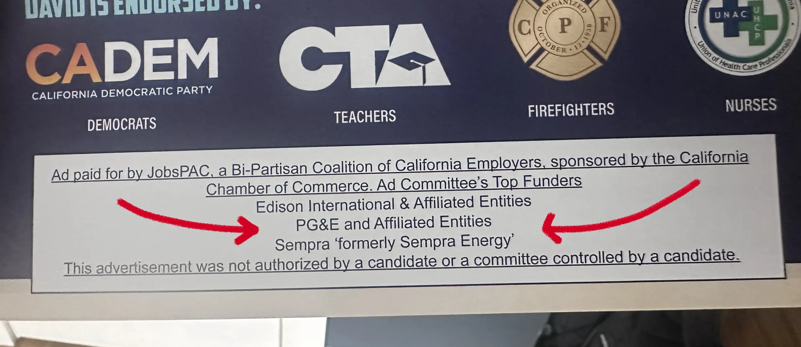 A mailer with arrows pointing to who paid for the ad, Edison, PG&E, and Sempra.