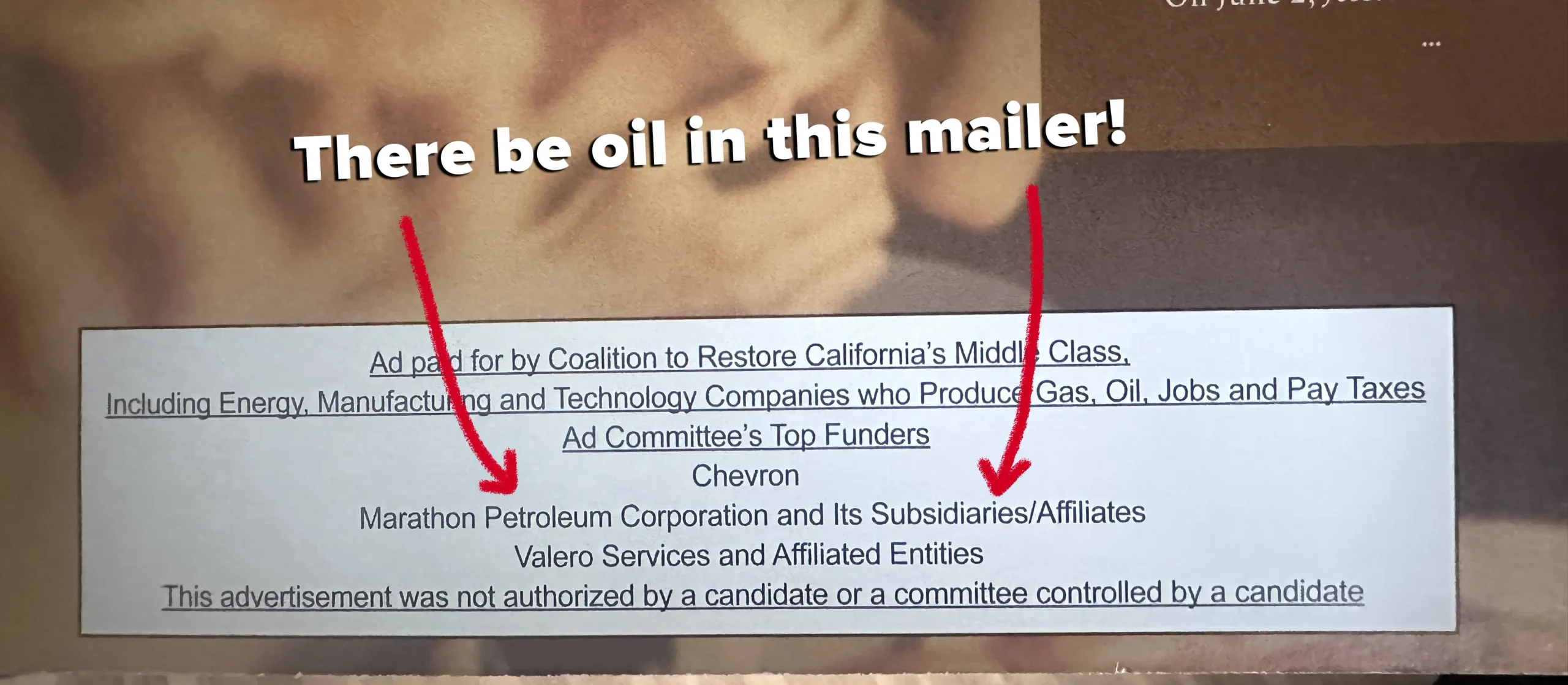 A mailer with arrows pointing to the big oil donors/sponsors.