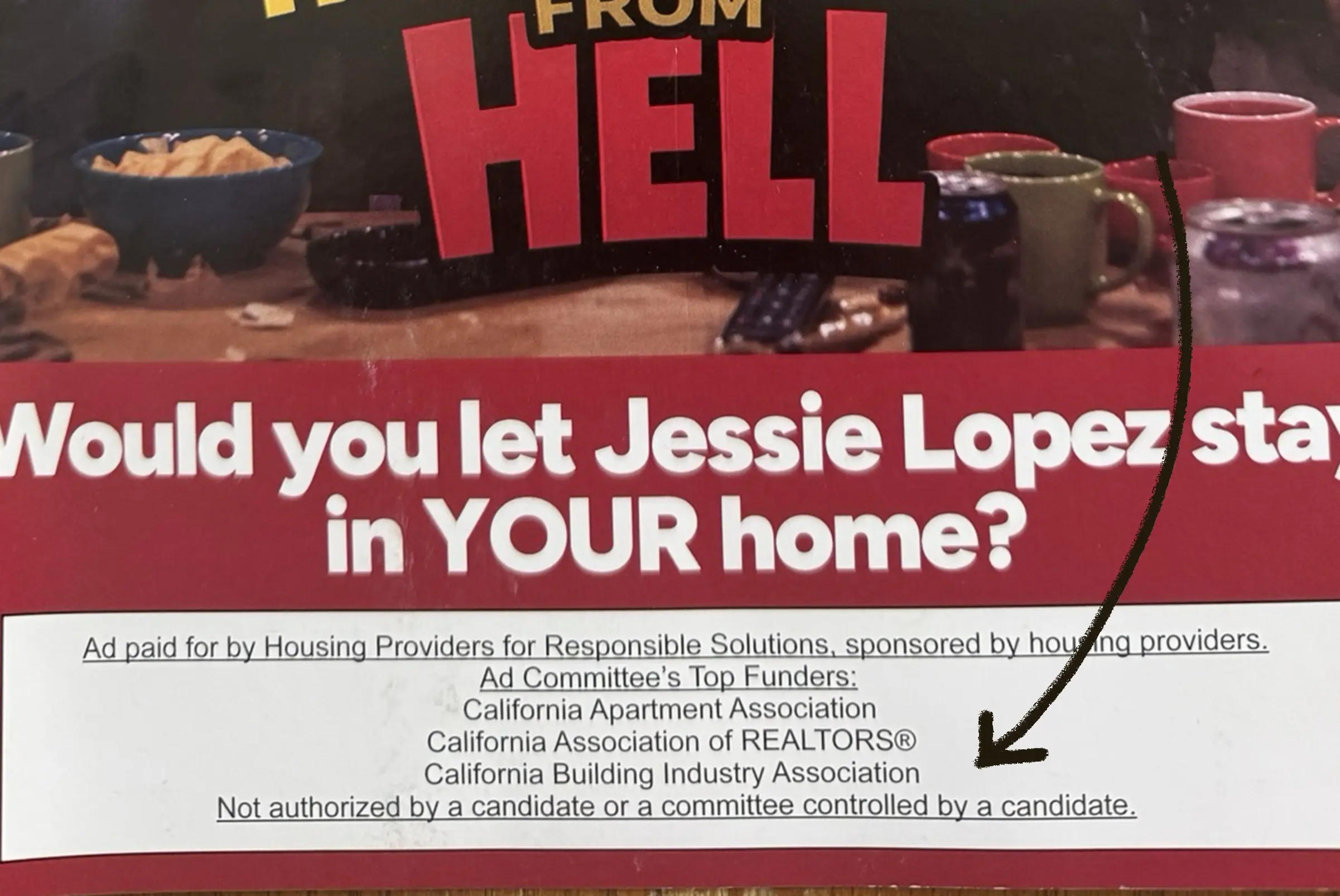 The bottom of a mailer with an arrow pointing to the ad's top funders.