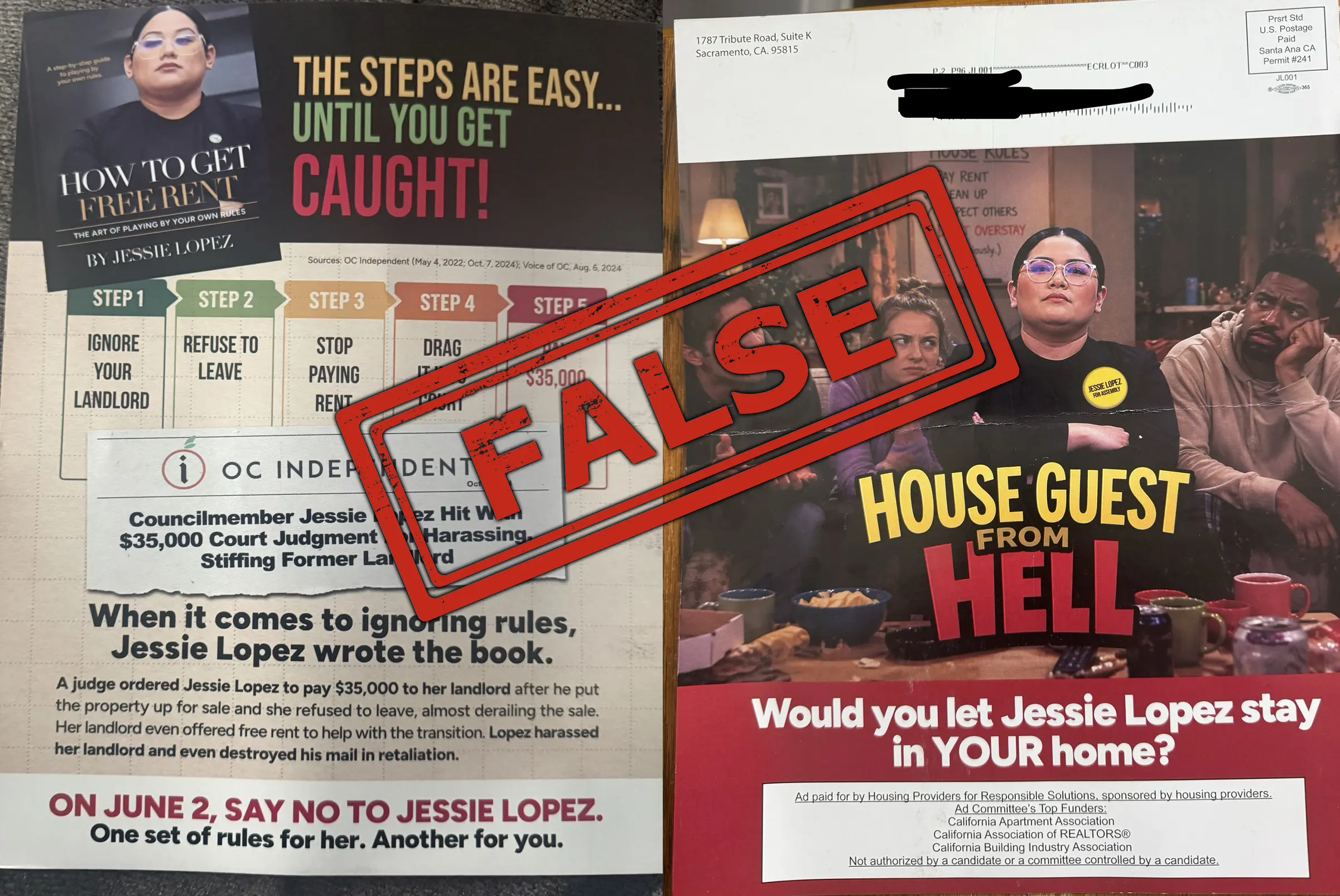 Two mailers showing Jessie Lopez as a bad house guest/squatter with a FALSE stamp on top.