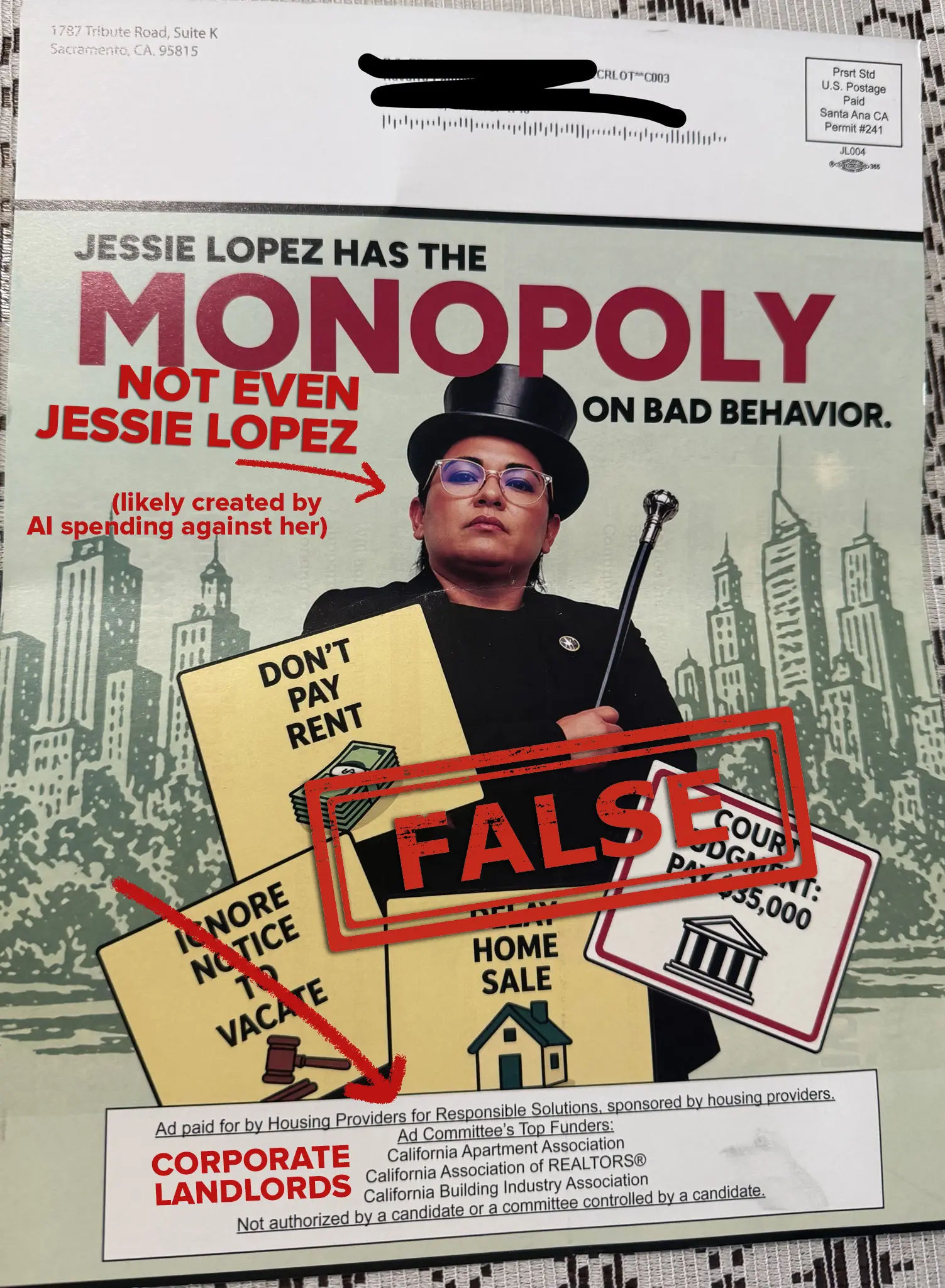 A mailer showing Jessie Lopez dressed as the Monopoly Man with a top hat and scepter.