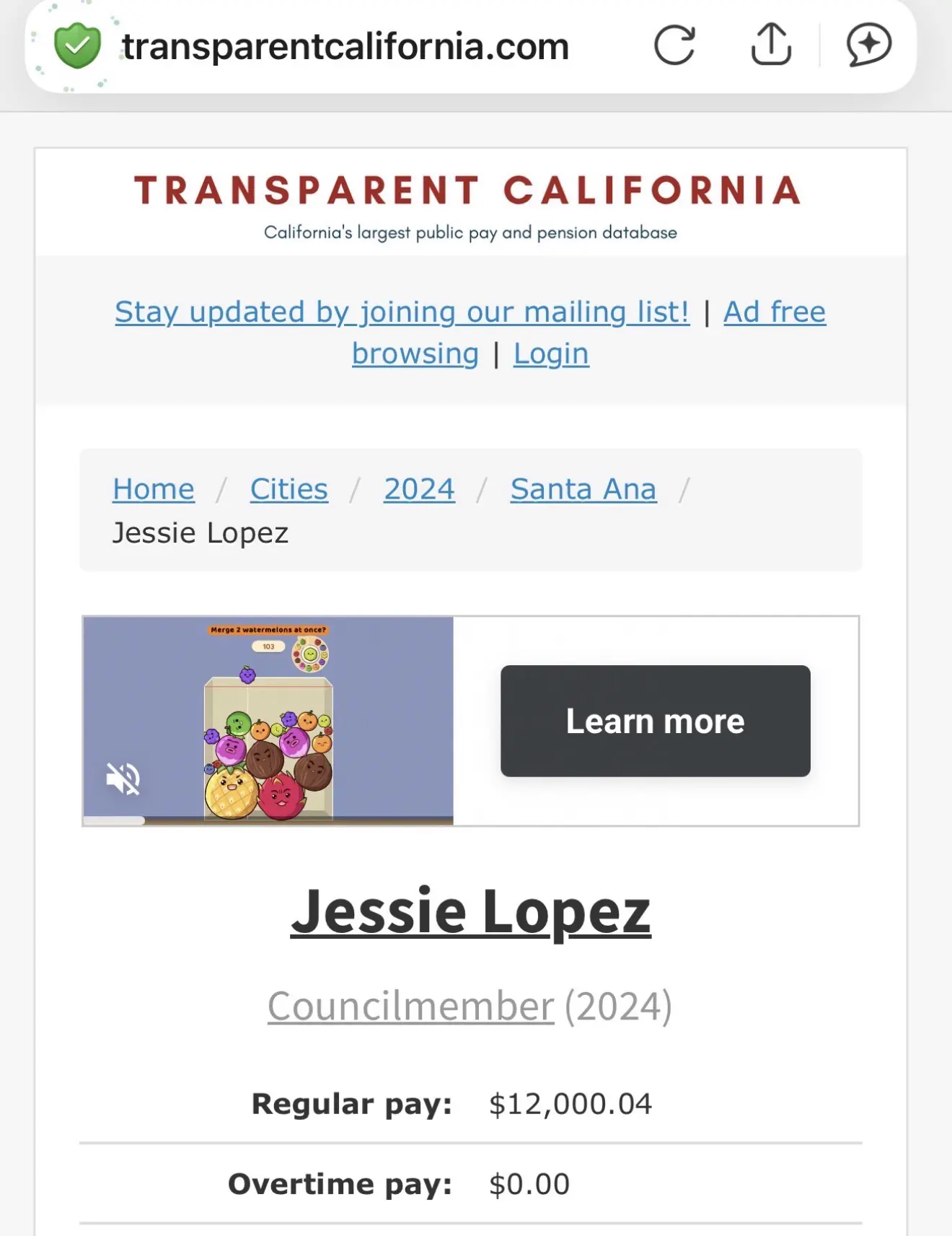 Transparent California website showing Jessie Lopez's pay at $12,000.04.
