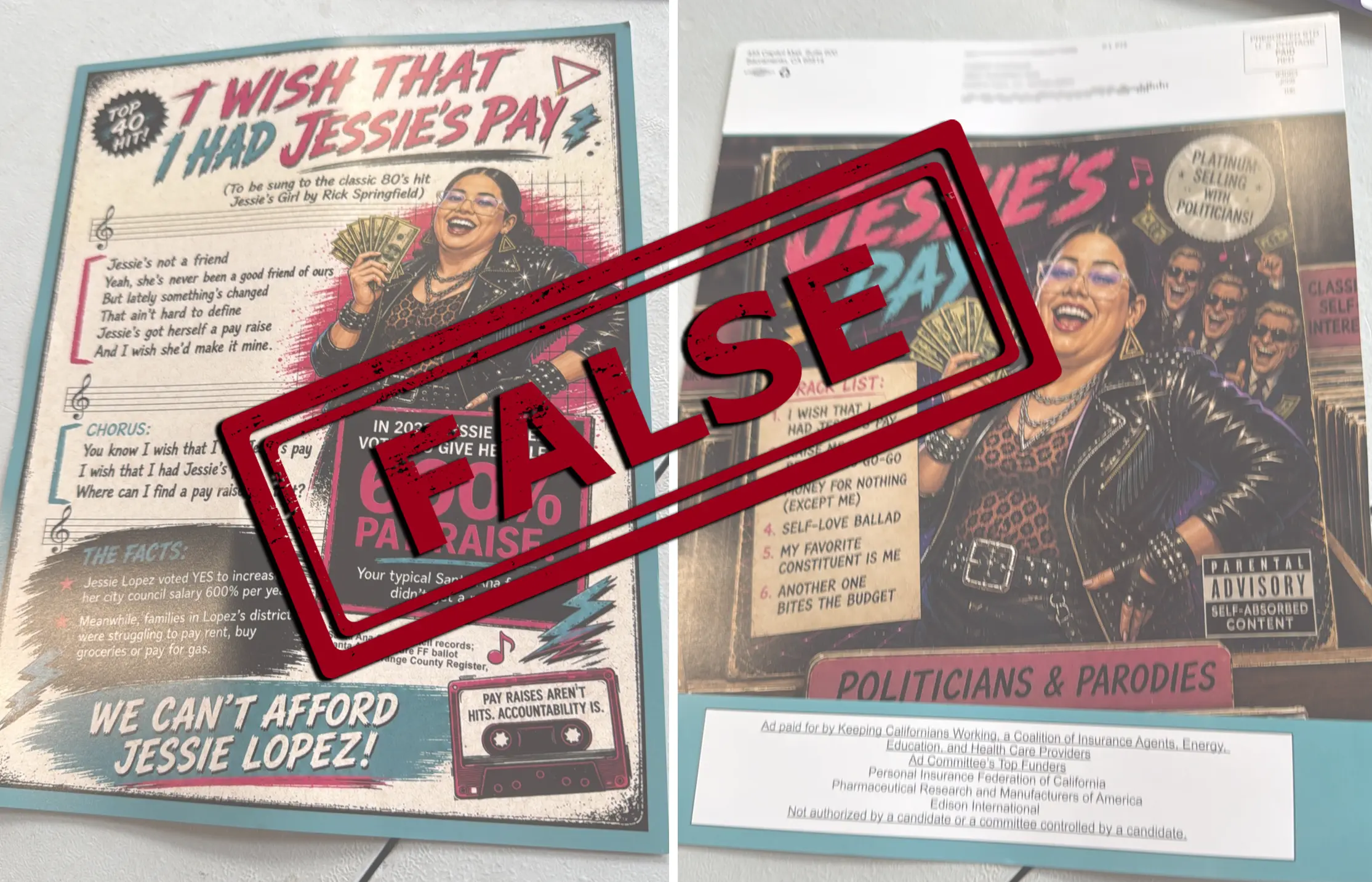 A mailer showing Jessie Lopez in rock and roll gear holding wads of cash with a FALSE stamp over it.