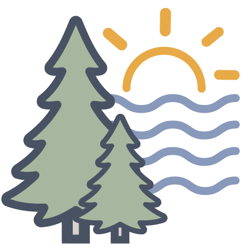 An icon showing two pine trees, water, and setting sun.