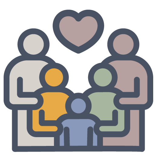 An icon showing five family members embracing with a heart in between.