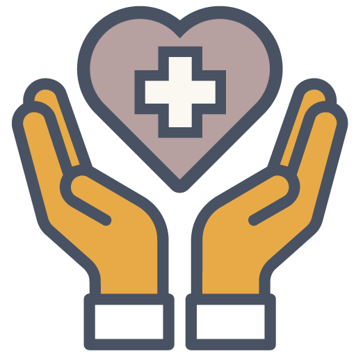 Two hands with a heart and medical cross hovering between.