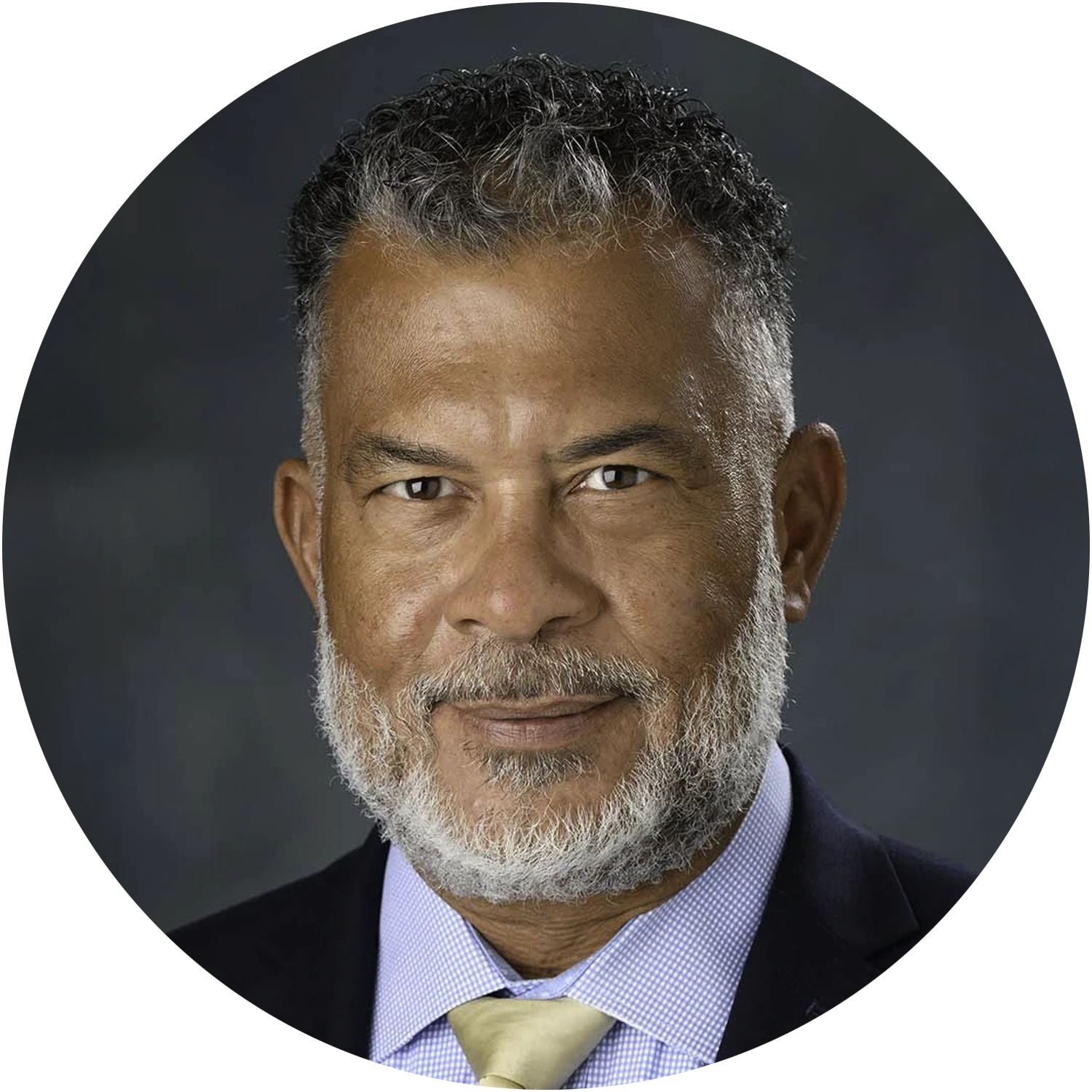 Rancho Santiago Community College District trustee, David Crockett, in a suit on a gray backround.