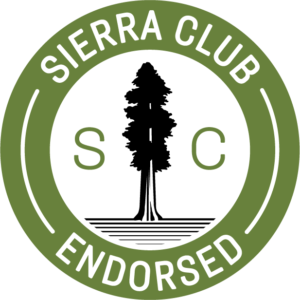 Sierra Club endorsement seal which includes a sequoia silhouette in the middle.