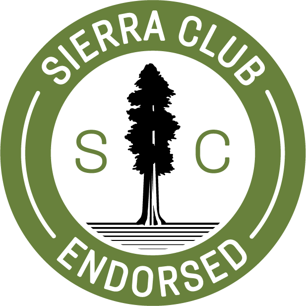 Sierra Club endorsement seal which includes a sequoia silhouette in the middle.