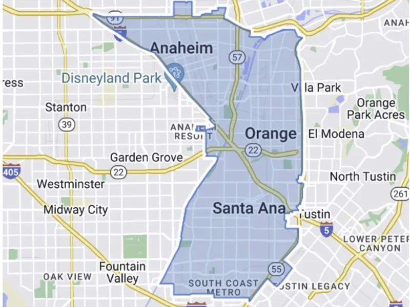A map of Orange County with Assembly District 68 highlighted in blue.