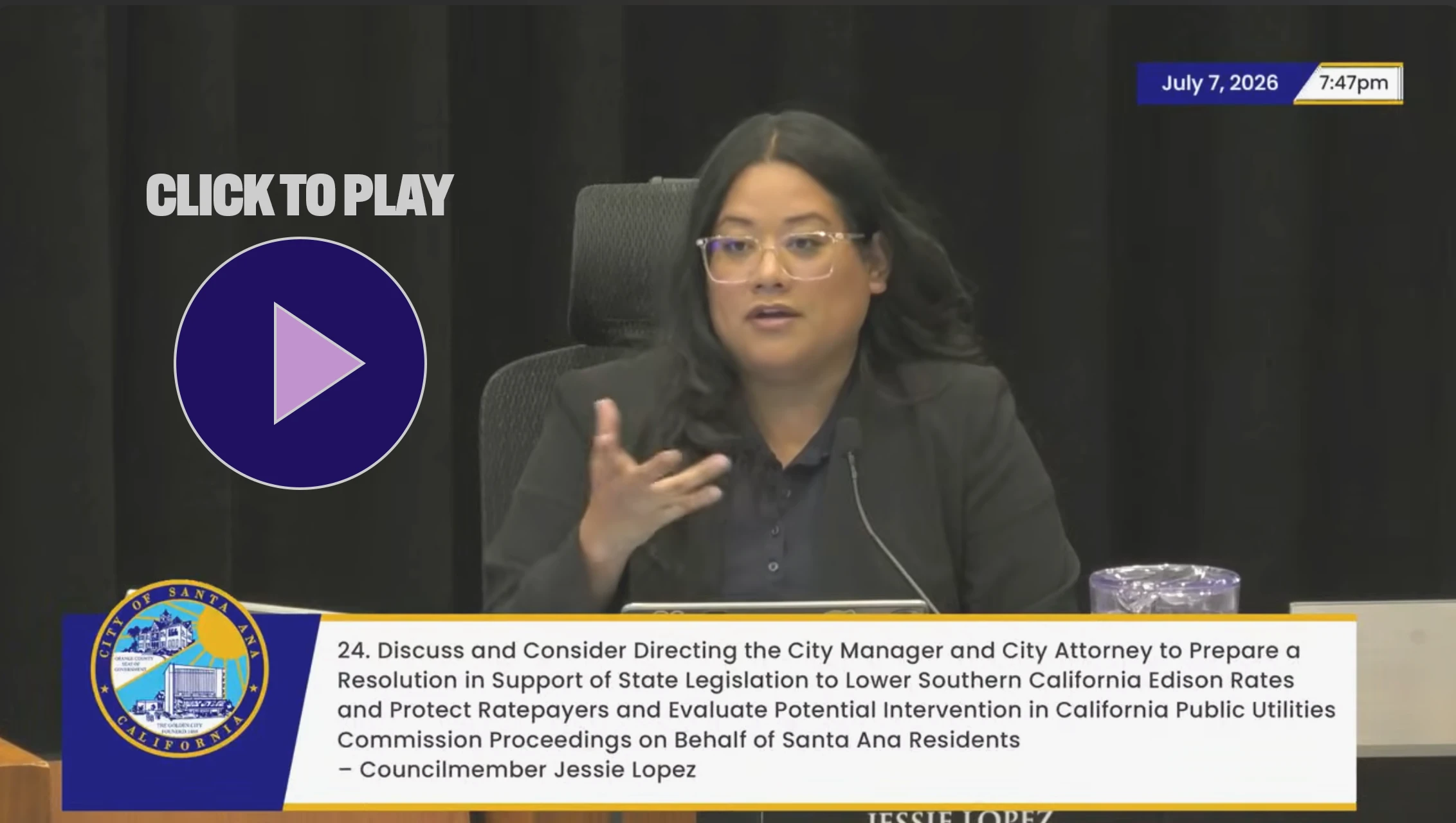 Jessie Lopez speaking on the Santa Ana City Council dais.