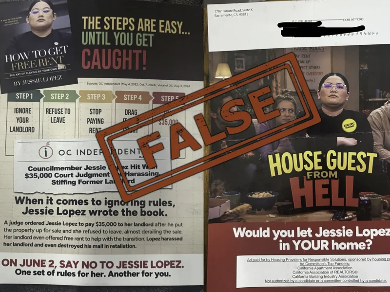 A mailer with a "false" stamp across it depicting Jessie Lopez as the houseguest from hell.