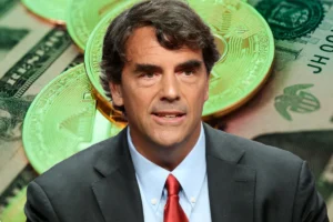 Tim Draper in a suit in front of a money/Bitcoin background.