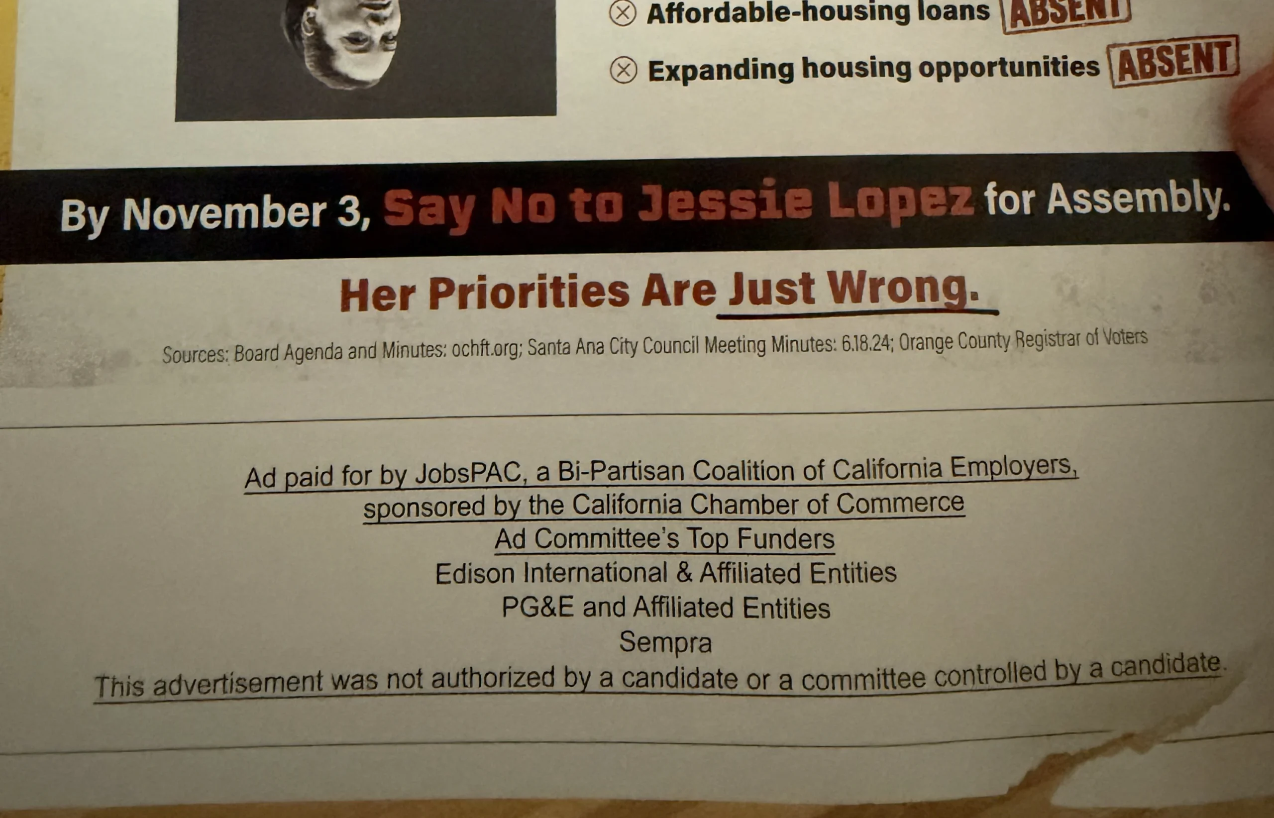 The disclaimer section of a mailer sent to AD-68 residents.