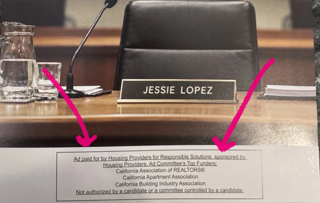 A mailer showing an empty chair, microphone, Jessie Lopez name plaque, and political disclaimer.